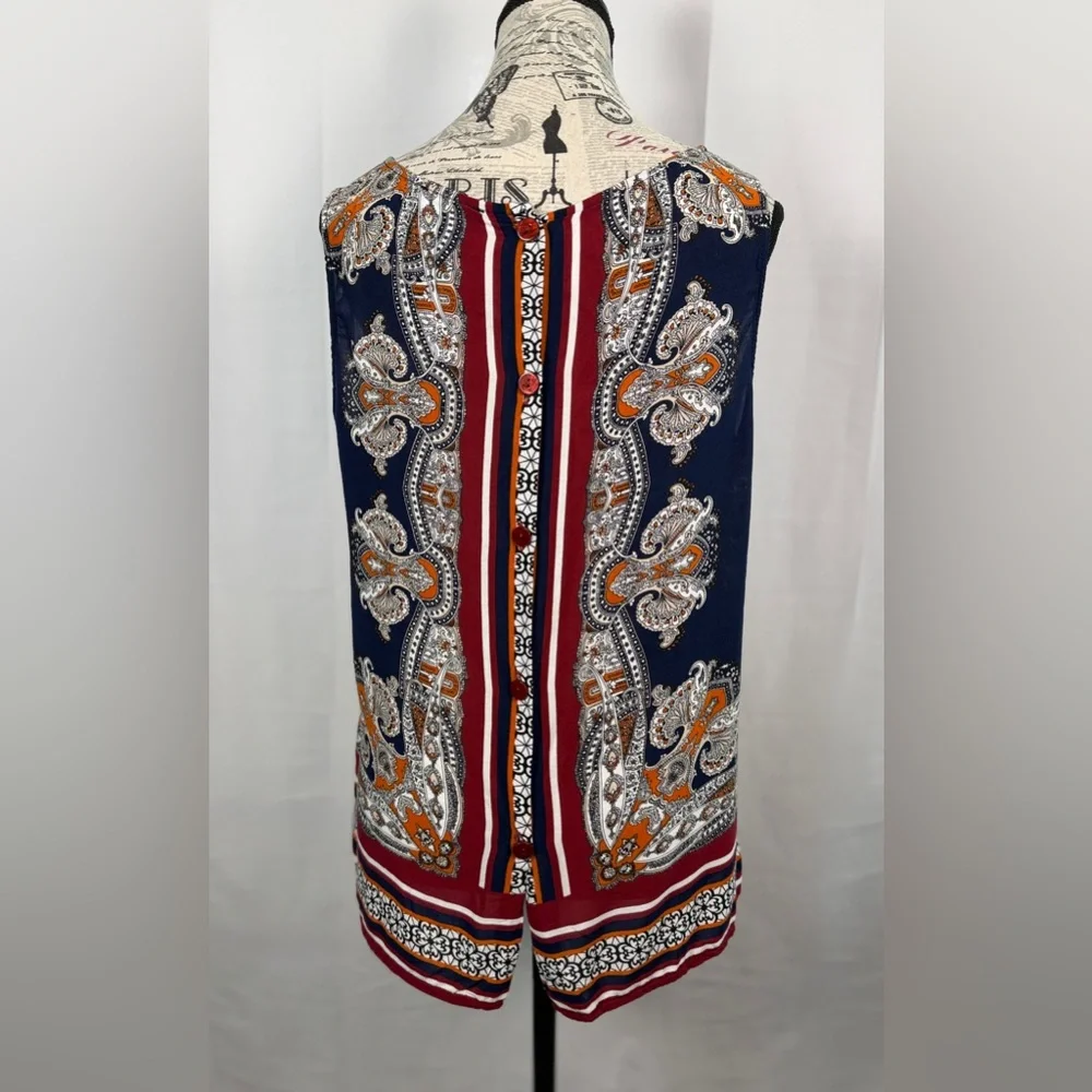 Cynthia Rowley Paisley Navy/Red Backside Button Down Sleeveless Blouse - Size M